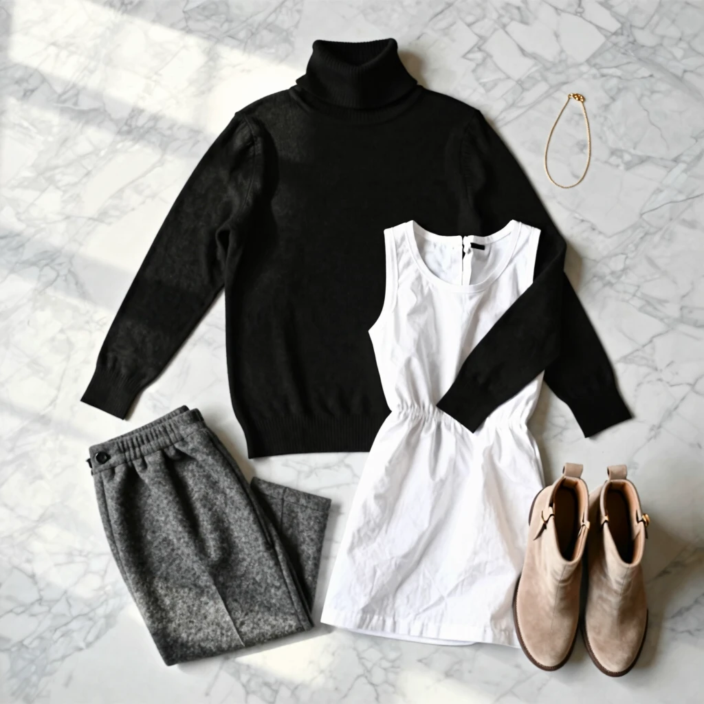 Flat Lay mit vielseitigen minimalistischen Kleidungskombinationen