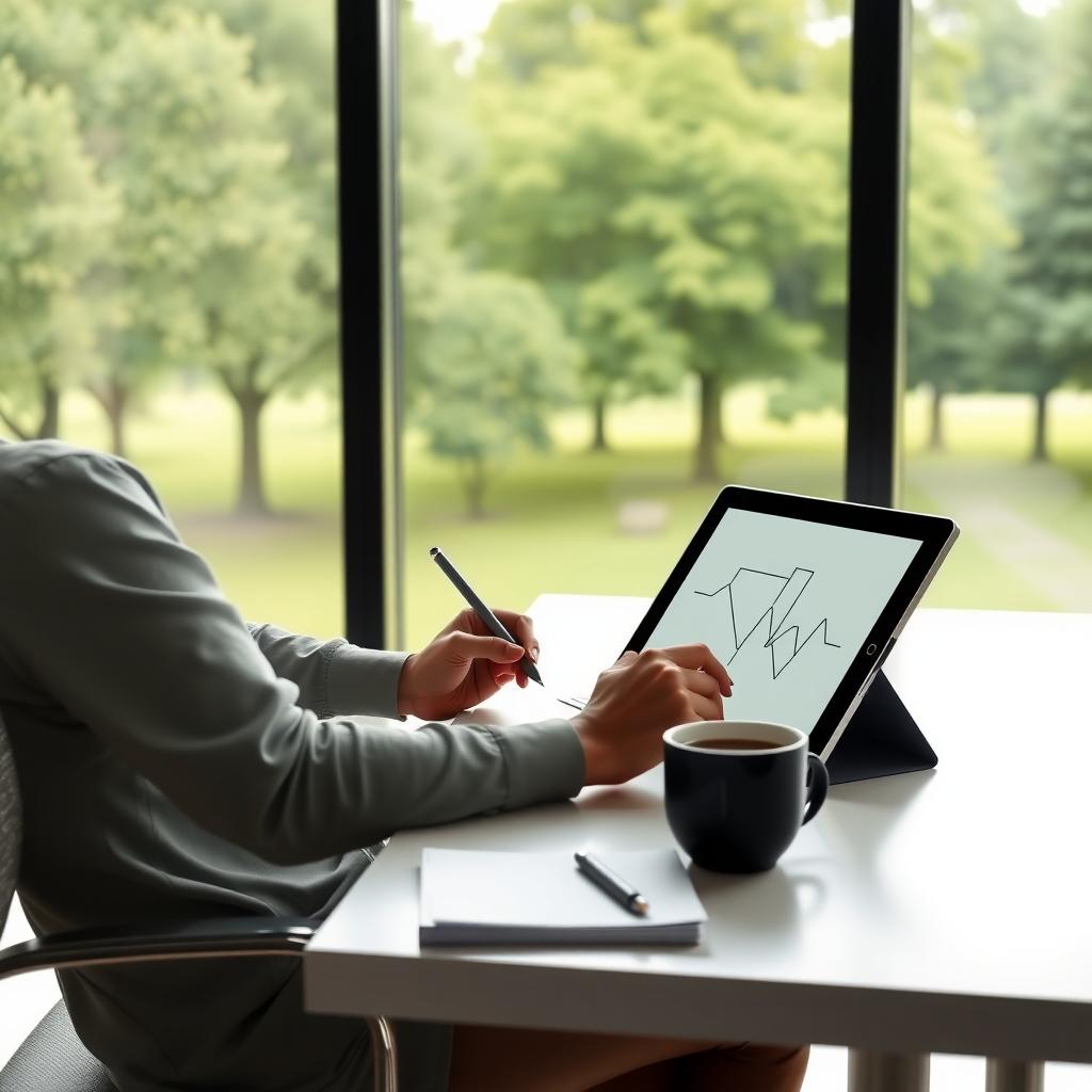 Person zeichnet ein minimalistisches Design auf einem Tablet an einem modernen Schreibtisch mit Blick auf einen Park.