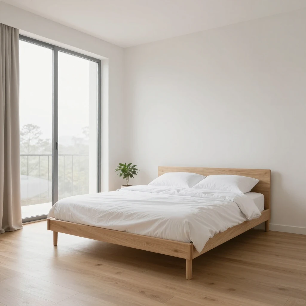 Ein helles, minimalistisches Schlafzimmer mit neutralen Farben, einfachem Holzbett, weißer Bettwäsche und viel natürlichem Licht