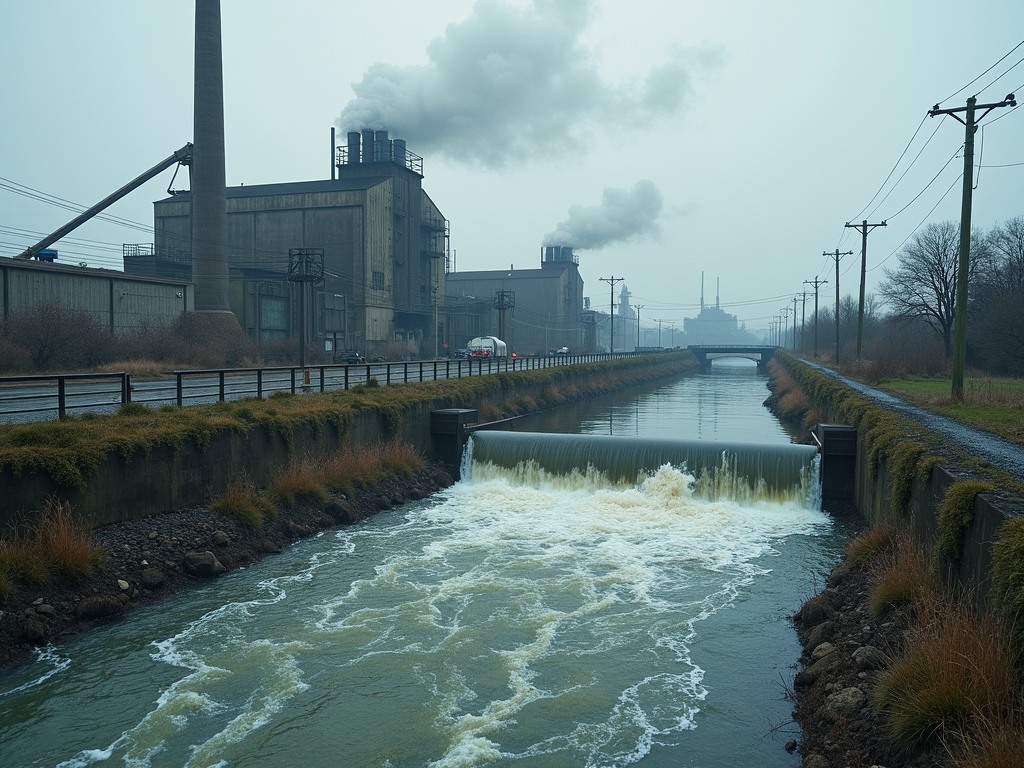 Abwasser aus einer Textilfabrik fließt in einen nahegelegenen Fluss, umgeben von Industrieanlagen unter einem bewölkten Himmel.