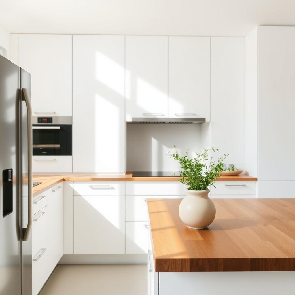 Eine minimalistische Küche mit weißen Schränken, einer Holz-Arbeitsplatte und einer Keramikvase mit frischen Kräutern, hell erleuchtet durch natürliches Licht.