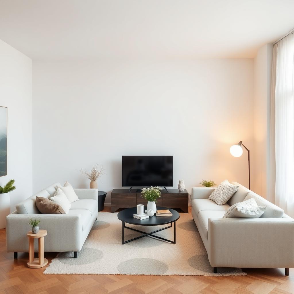 Ein minimalistisches Wohnzimmer, das Ruhe und Ordnung ausstrahlt.
