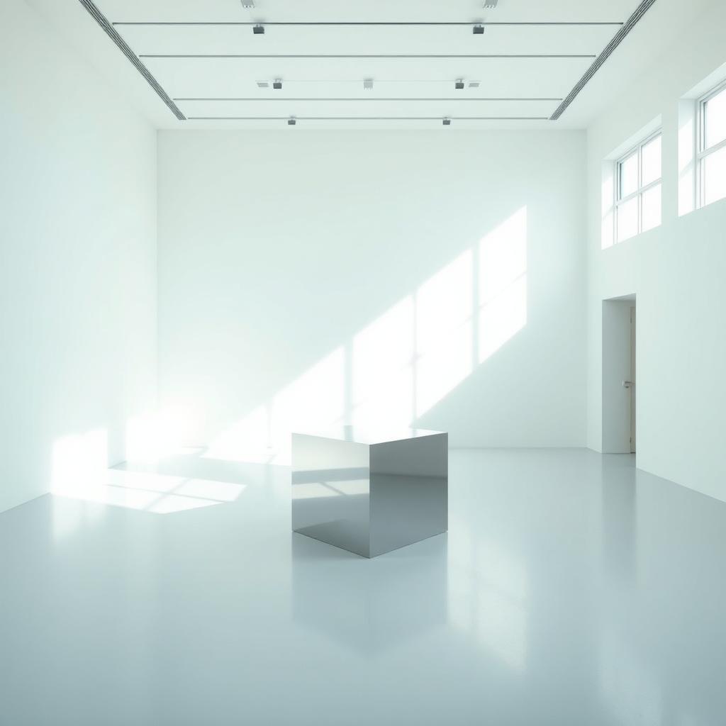Minimalistische Kunstgalerie mit einer polierten Stahlsulptur in Form eines Würfels, beleuchtet von weichem Tageslicht.
