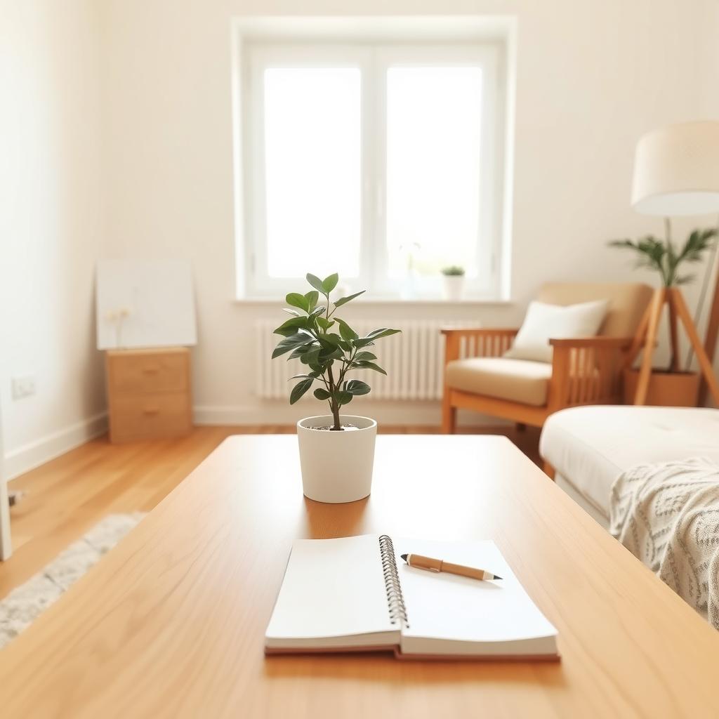 Ein aufgeräumtes Wohnzimmer mit einem minimalistischen Design, bestehend aus einem Holztisch, einer Pflanze und einem Sessel.