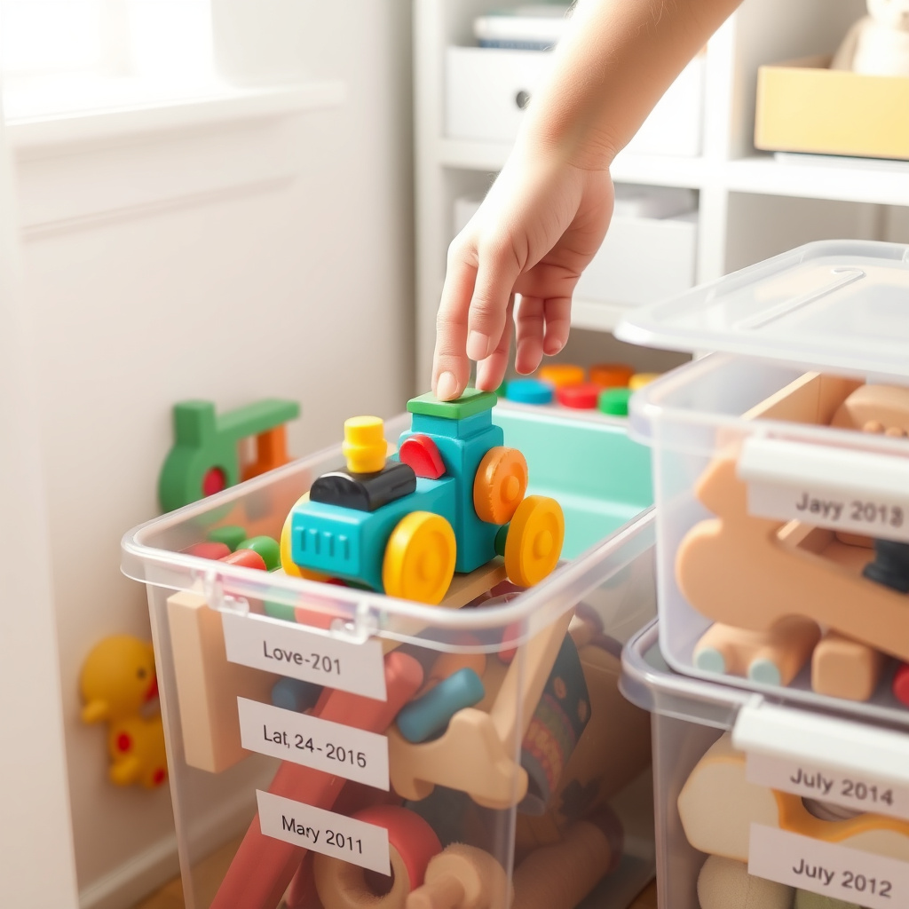 Elterliche Hand sortiert Spielzeug in Rotationsboxen