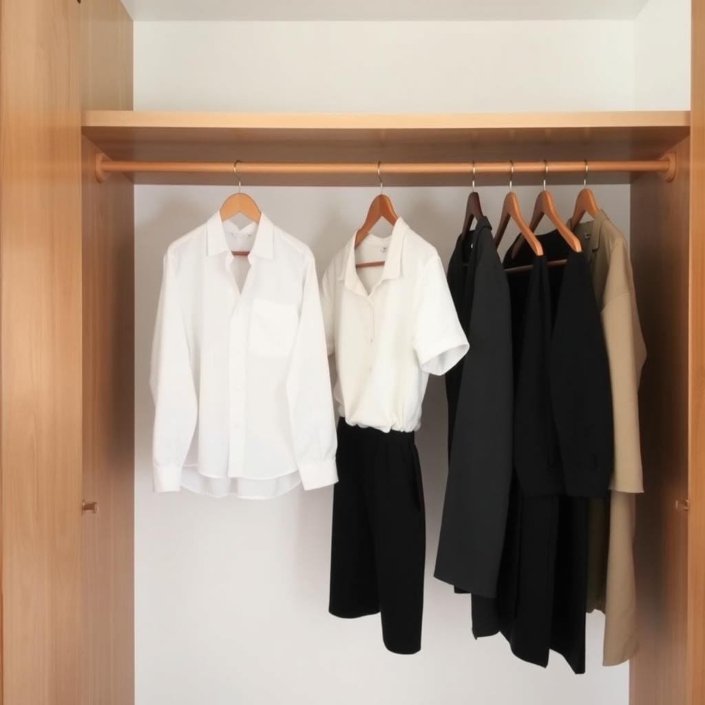 Ein aufgeräumter minimalistischer Kleiderschrank mit wenigen Kleidungsstücken in neutralen Farben, wie einem weißen Hemd und einer beigen Jacke, an Holzbügeln.