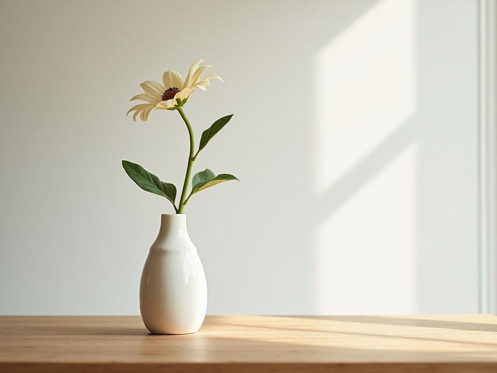 Eine weiße Keramikvase mit einer einzelnen Blume auf einem Holztisch.