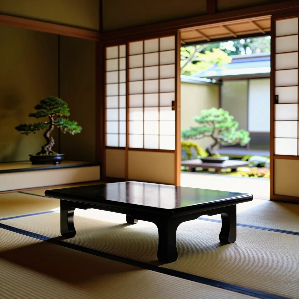 Ein minimalistisches Zen-Zimmer mit Tatami und Bonsai