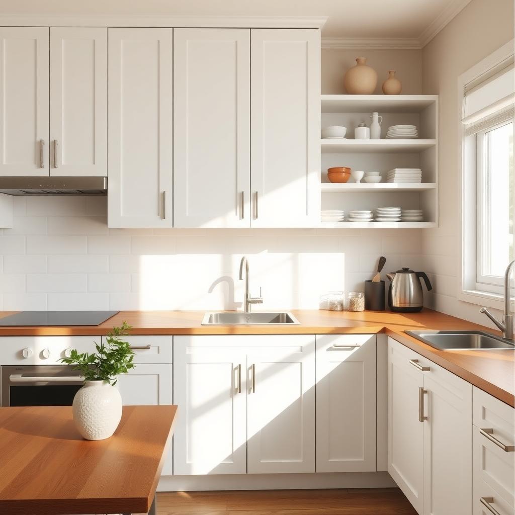 Eine aufgeräumte minimalistische Küche mit weißen Schränken, einer Holztheke, einer einzelnen Keramikvase mit frischen Kräutern und offenen Regalen mit ordentlich arrangierten Essentials, beleuchtet von sanftem Morgenlicht.