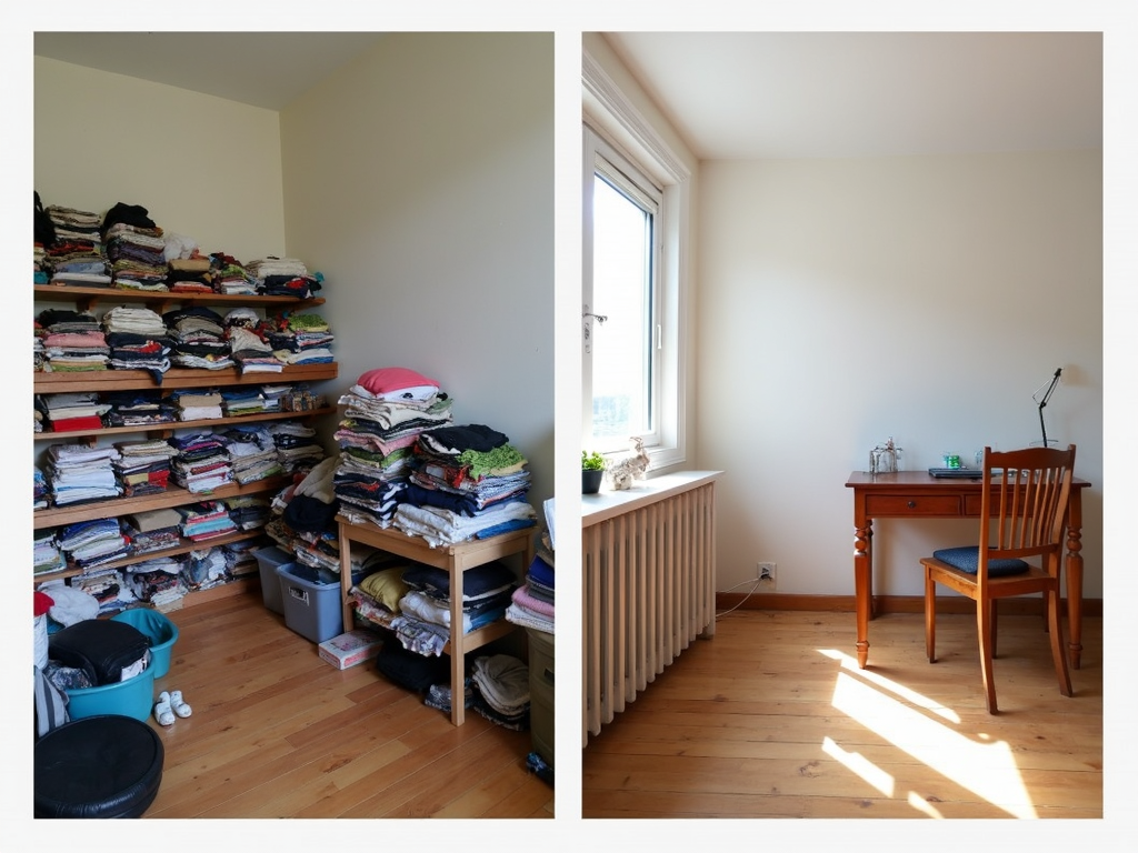 Ein Vorher-Nachher-Bild: ein unaufgeräumter Raum mit Kleiderhaufen und Büchern neben demselben Raum, jetzt minimalistisch mit nur einem Stuhl und einem Tisch.