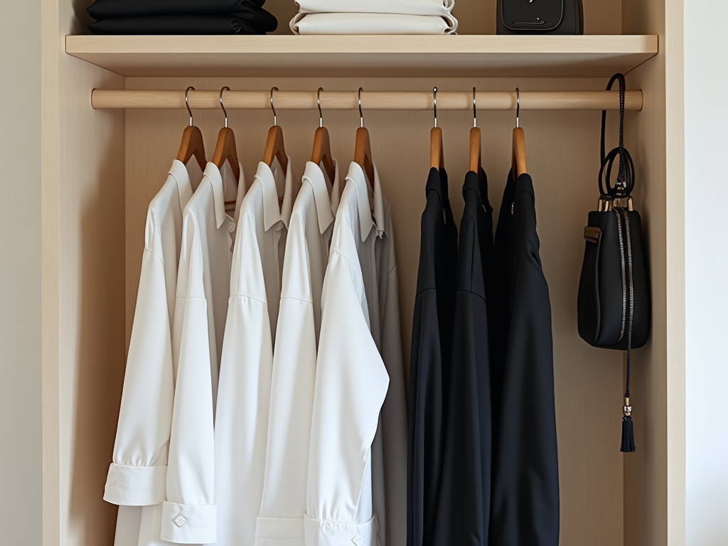 Ein ordentlich organisierter Kleiderschrank mit einer kleinen Auswahl an zeitlosen Kleidungsstücken.