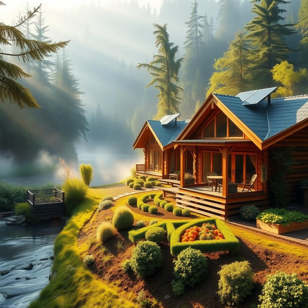 Öko-Lodge mit Holzhütten und Solarpaneelen in einem grünen Wald am Flussufer.