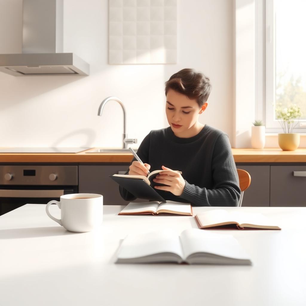 Person schreibt in einem Journal an einem minimalistischen Küchentisch mit einer Tasse Kaffee.