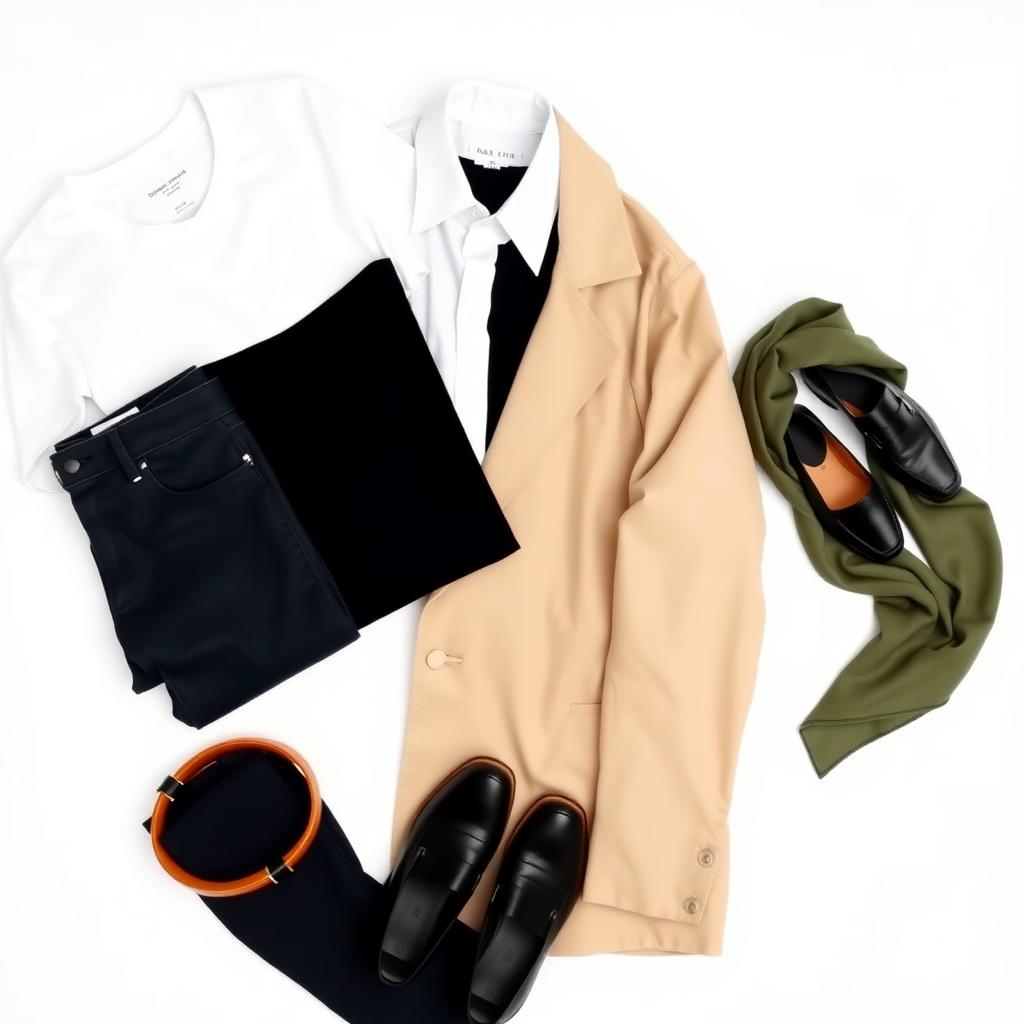 Eine flache Anordnung minimalistischer Kleidungsstücke auf weißem Hintergrund: weißes Hemd, schwarzer Pullover, blaue Jeans, beiger Mantel, schwarze Loafers, Ledergürtel und grüner Schal.