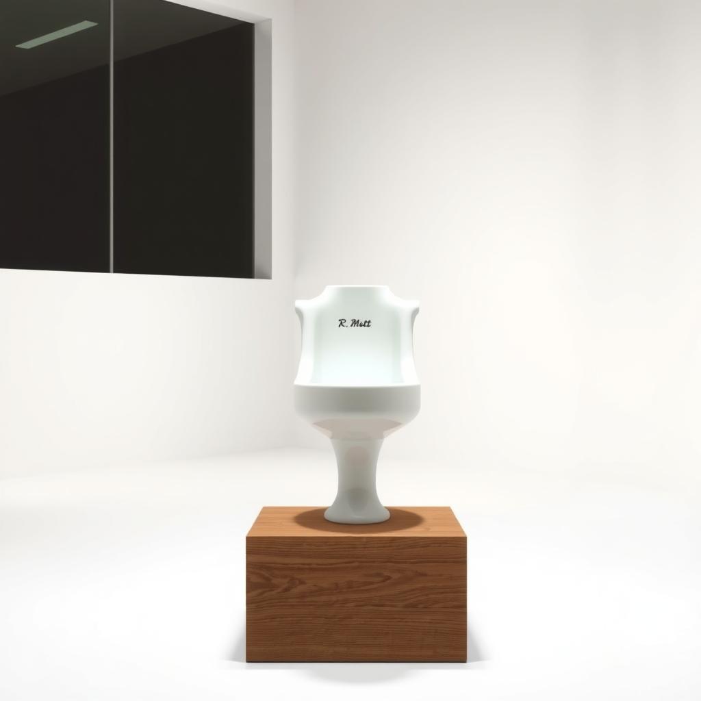 Ein weißes Porzellan-Urinal, signiert mit 'R. Mutt', steht auf einem Holzpodest in einer minimalistischen Galerie mit weichem Licht.