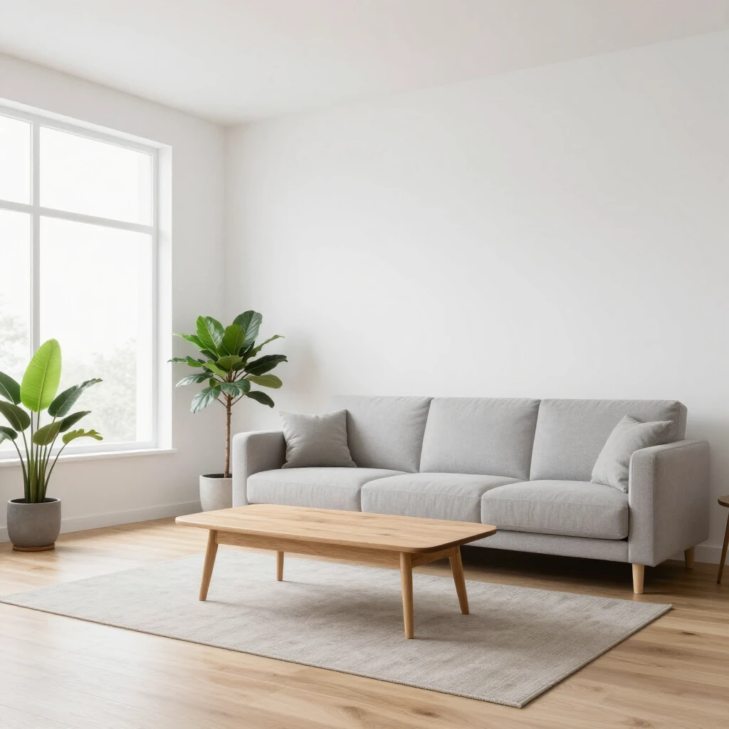 Helles, minimalistisches Wohnzimmer mit neutralen Farben, Sofa, Couchtisch und wenigen Pflanzen