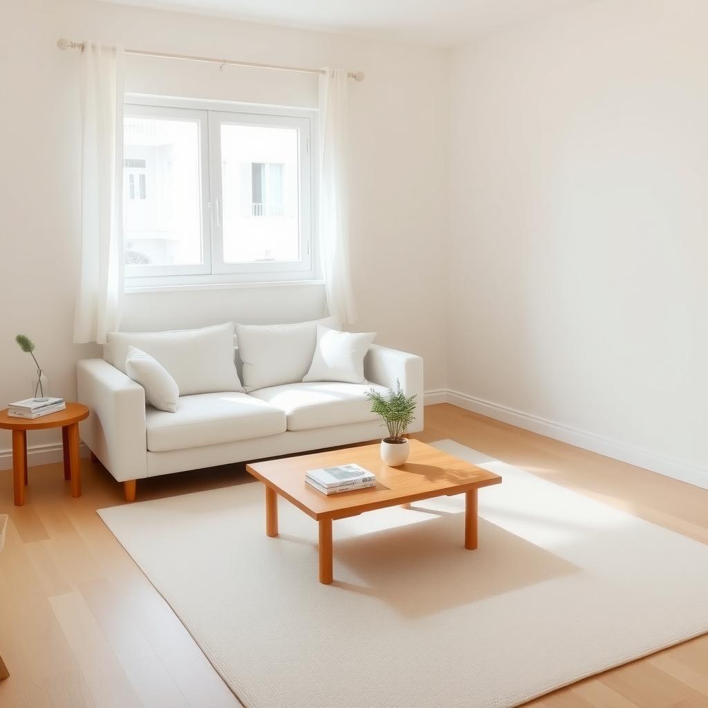 Ein minimalistisches Wohnzimmer mit weißem Sofa, grauen Kissen, einem Holztisch mit einer Pflanze und wenigen Büchern, beleuchtet durch natürliches Licht.
