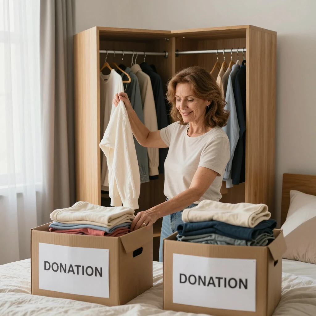 Eine Frau sortiert fröhlich Kleidung in ihrem Schlafzimmer aus und packt Spendenboxen