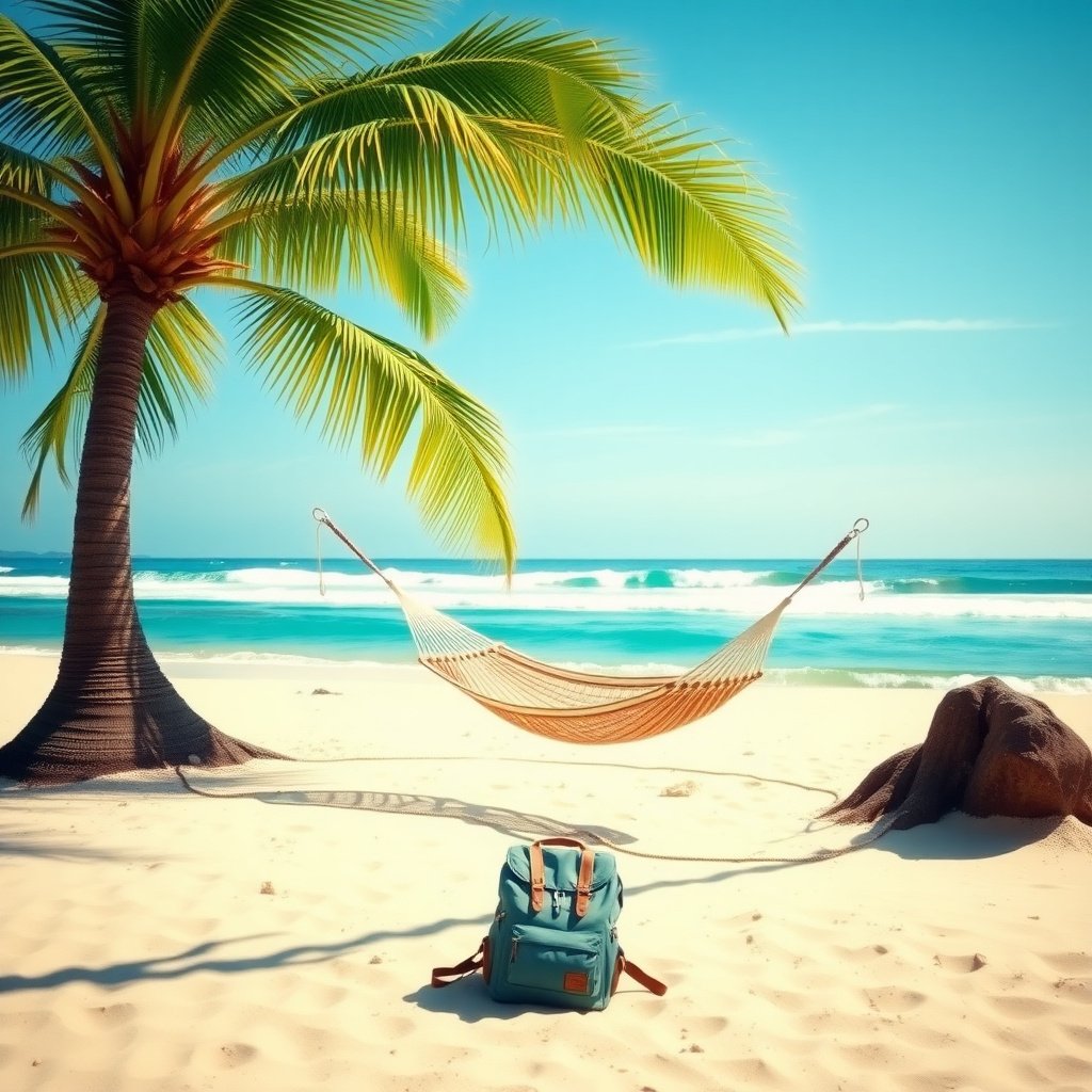 Eine ruhige Strandszene mit Hängematte und kleinem Rucksack