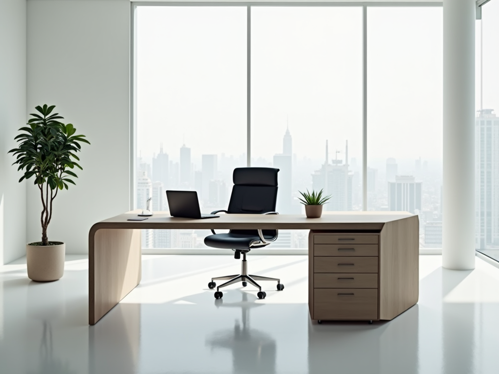 Minimalistisches Büro mit einem Schreibtisch und Stadtblick