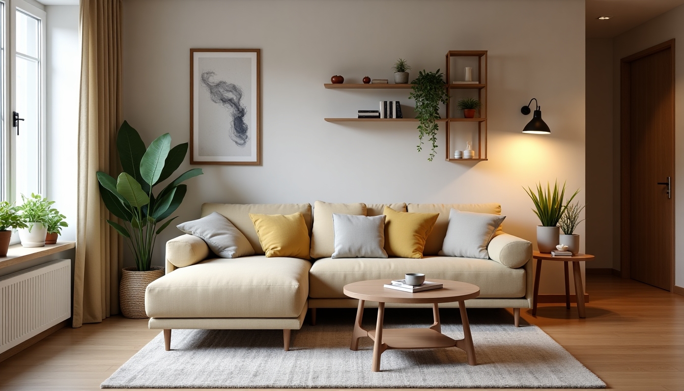 Gemütliches Wohnzimmer mit multifunktionalem Schlafsofa, klappbarem Couchtisch und wandmontierten Regalen.