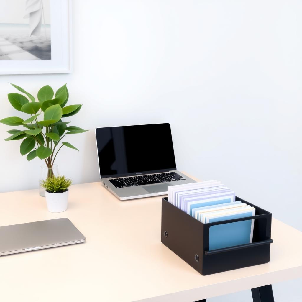 Ein aufgeräumter Schreibtisch im Homeoffice mit Laptop, einer kleinen Topfpflanze und organisierten Akten auf einer weißen Wand mit abstrakter Kunst.