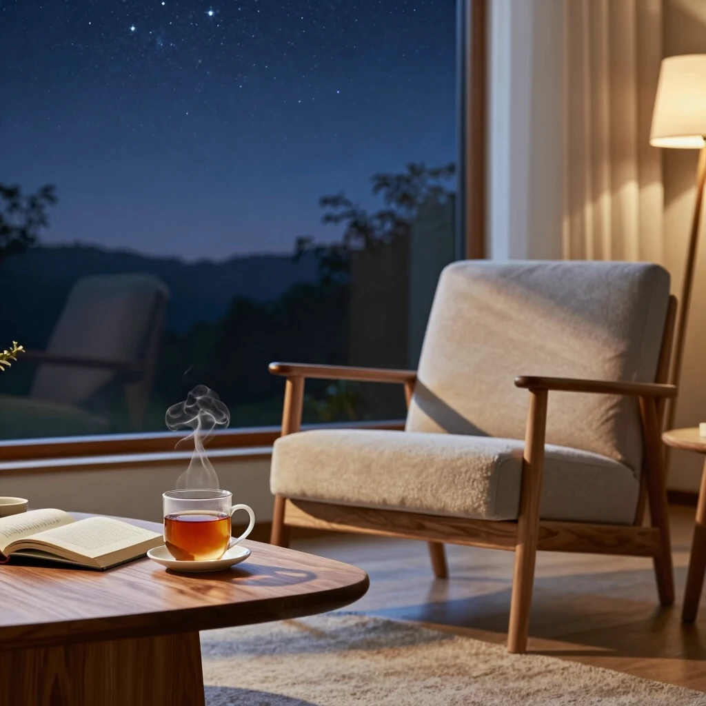 Minimalistisches Wohnzimmer bei Dämmerung