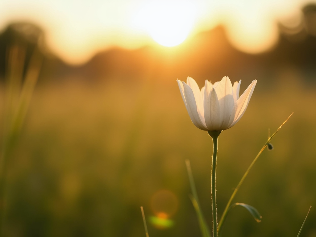 Eine einzelne Blume, die hoch in einem Grasfeld steht, mit unscharfem Hintergrund und scharfem Fokus auf der Blume, aufgenommen während der goldenen Stunde.