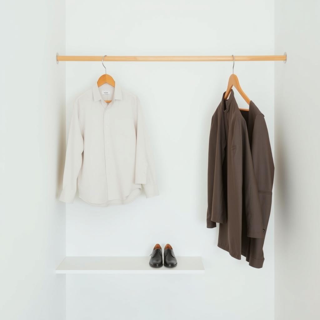 Ein minimalistischer Kleiderschrank mit wenigen, hochwertigen Kleidungsstücken an Holzbügeln und einem Paar Schuhe auf einem einfachen Regal.