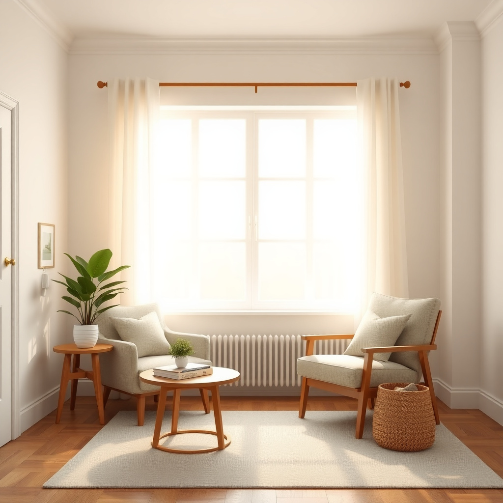 Ein minimalistisches Wohnzimmer mit viel natürlichem Licht und wenigen Möbeln