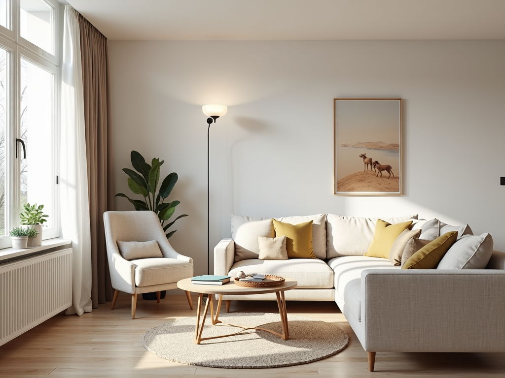 Gemütliches kleines Wohnzimmer mit multifunktionalen Möbeln und cleveren Aufbewahrungslösungen