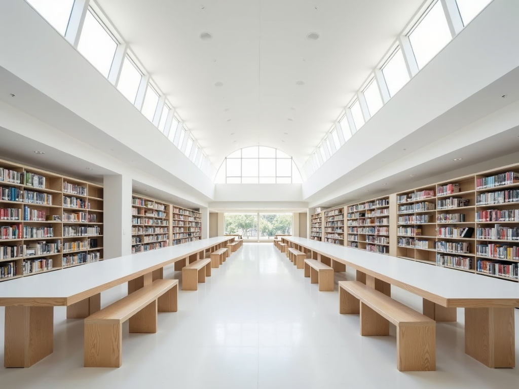 Minimalistische öffentliche Bibliothek mit langen, schlichten Tischen