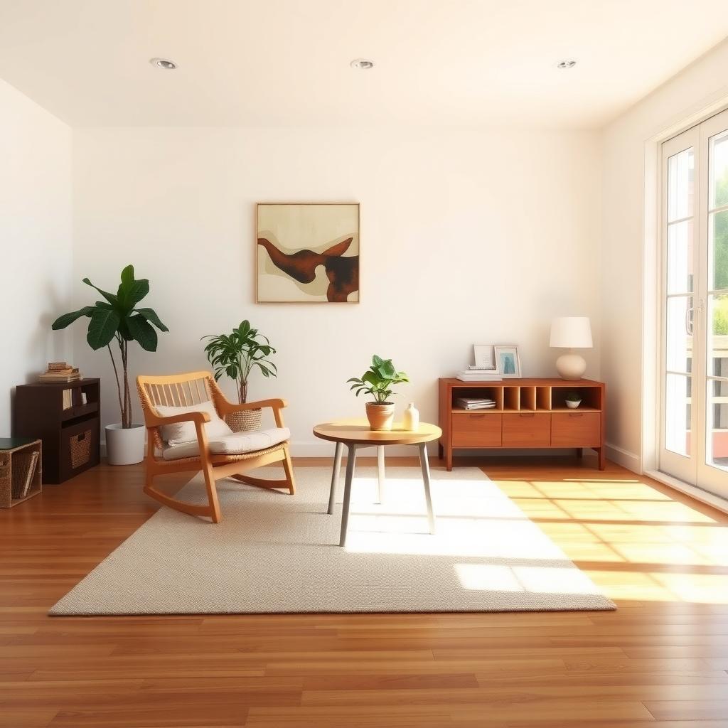 Gemütliches, minimalistisches Wohnzimmer mit einem Holzstuhl, einem kleinen Tisch mit Pflanze und einem neutralen Teppich.
