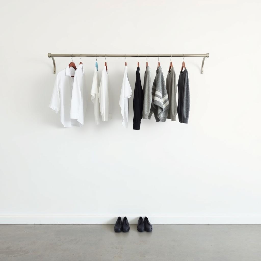 Ein minimalistischer Kleiderschrank mit 10 Kleidungsstücken an einer Kleiderstange und einem Paar Schuhe auf dem Boden.