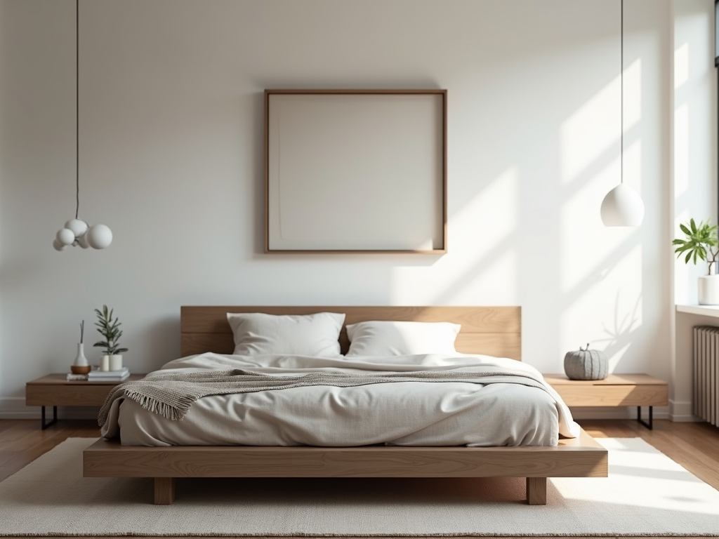 Ein minimalistisches Schlafzimmer mit einem niedrigen Plattformbett, neutraler Bettwäsche und einem einzelnen Kunstwerk an der Wand.