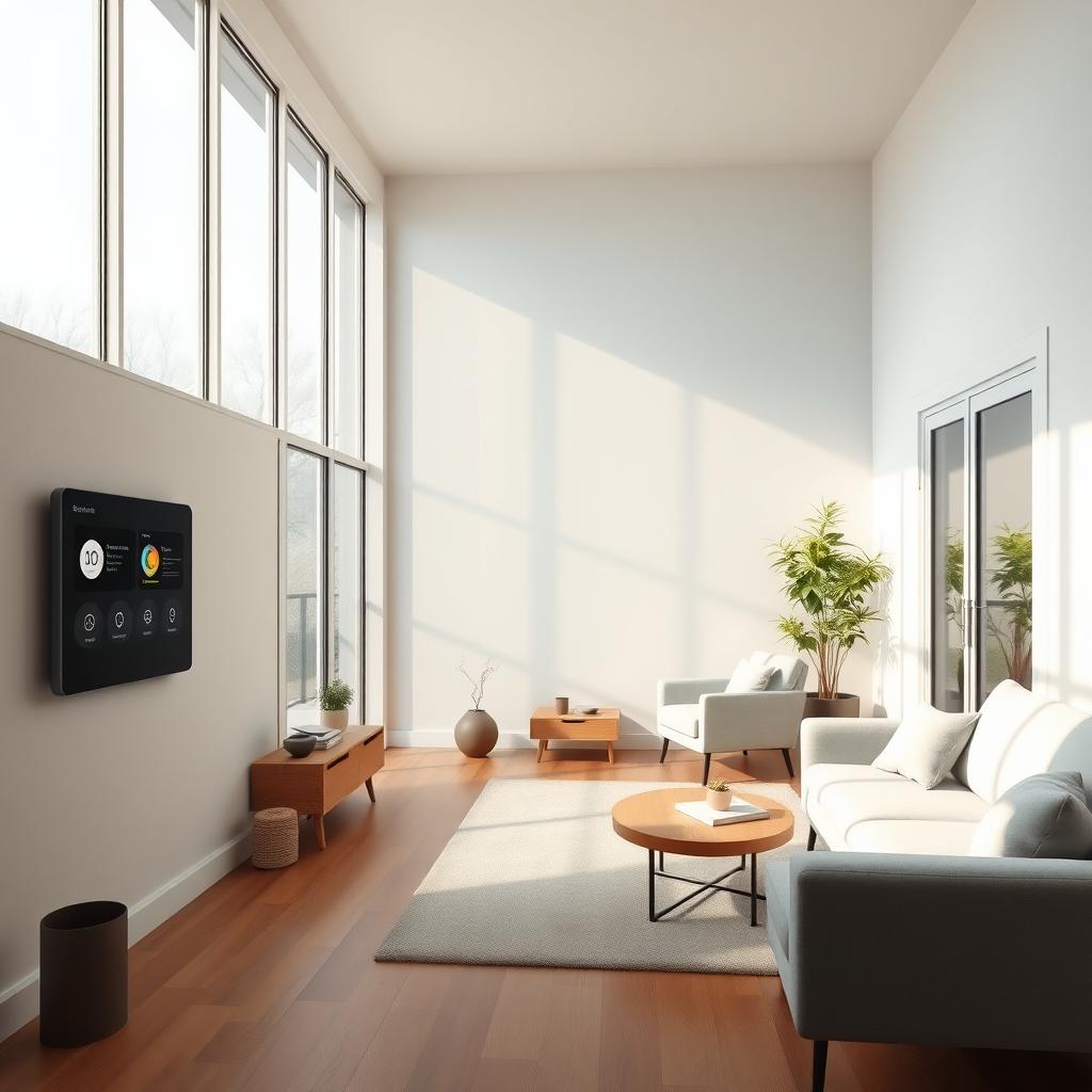 Minimalistisches Wohnzimmer mit Smart-Home-Steuerung und großen Fenstern