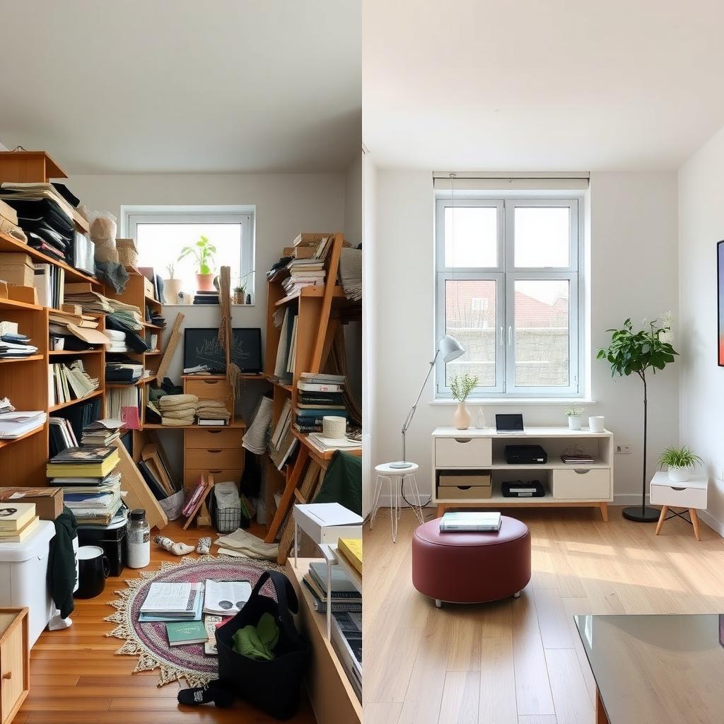 Ein Bild, das den Unterschied zwischen einem überfüllten und einem minimalistischen Raum zeigt.