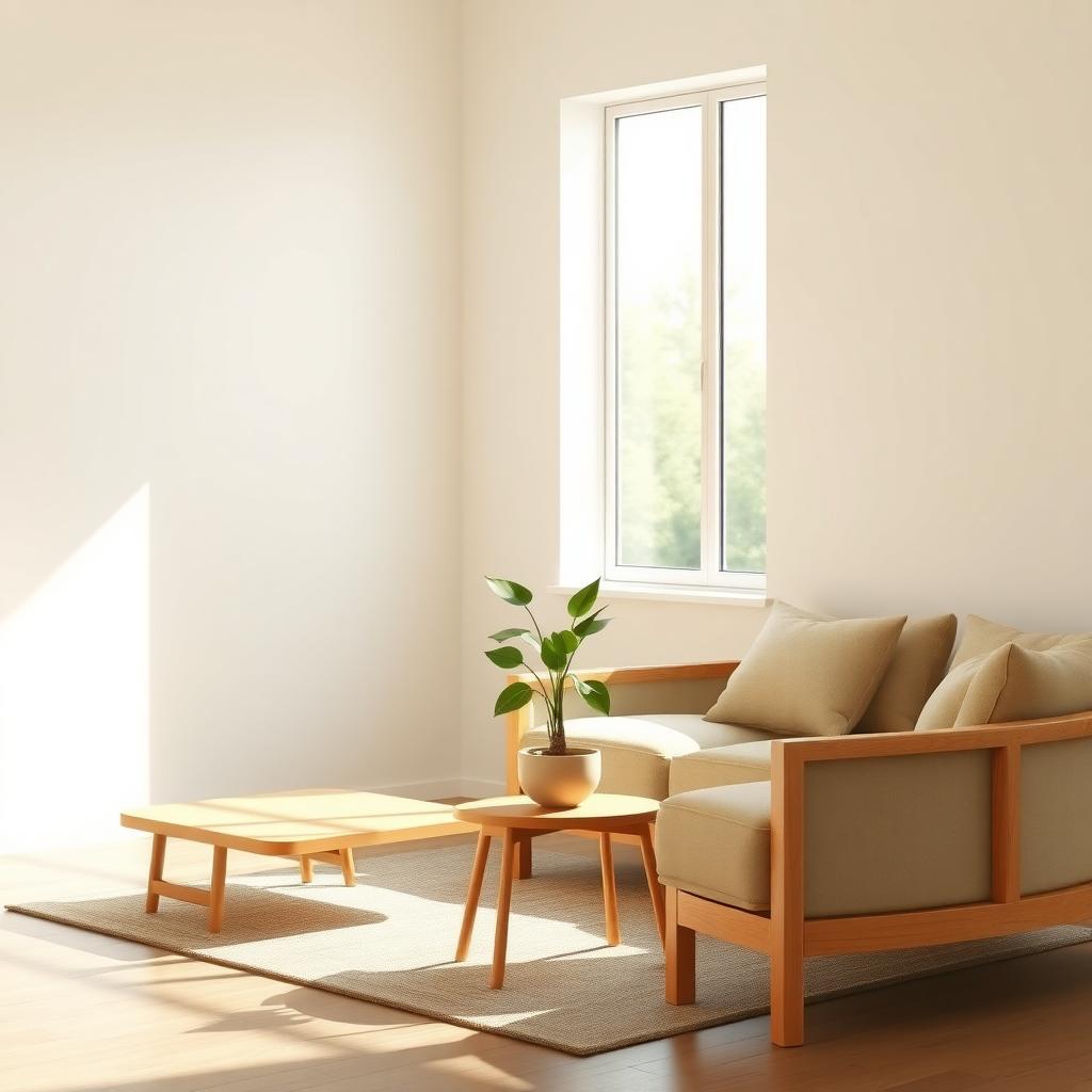 Ein minimalistisches Wohnzimmer mit Holzmöbeln, einer Pflanze und Tageslicht.