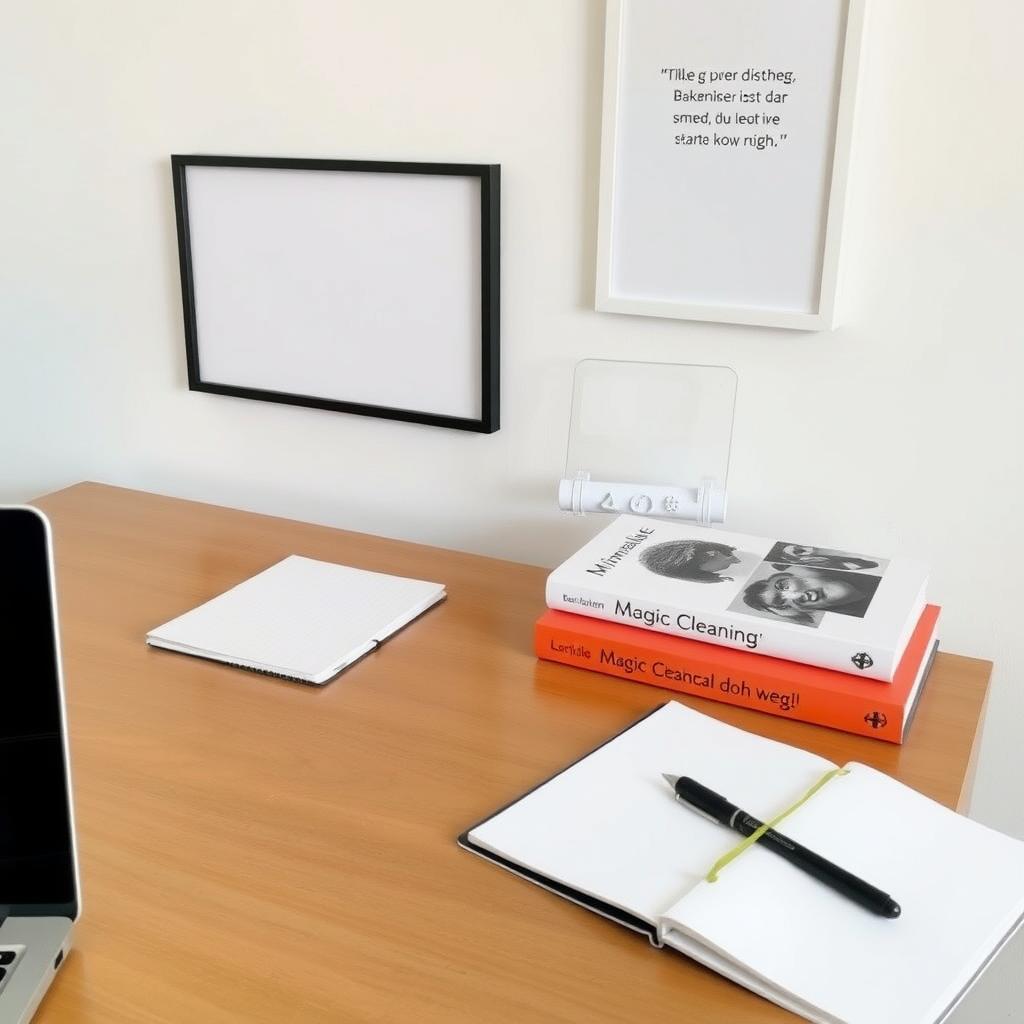 Ein aufgeräumter Schreibtisch mit einem Laptop, Notizbuch, Stift und einem kleinen Stapel Minimalismus-Bücher, im Hintergrund ein gerahmtes Zitat über Einfachheit.