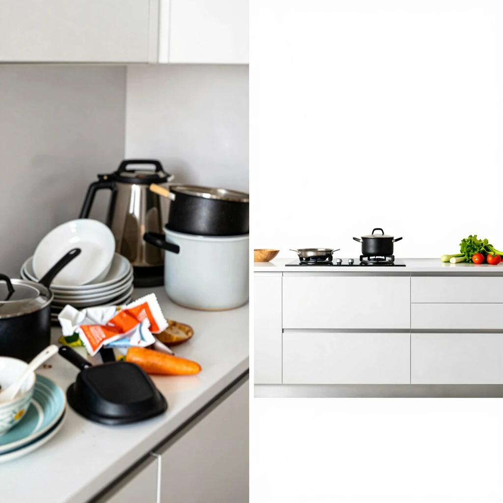 Vorher-Nachher: Chaotische vs. minimalistische Küche