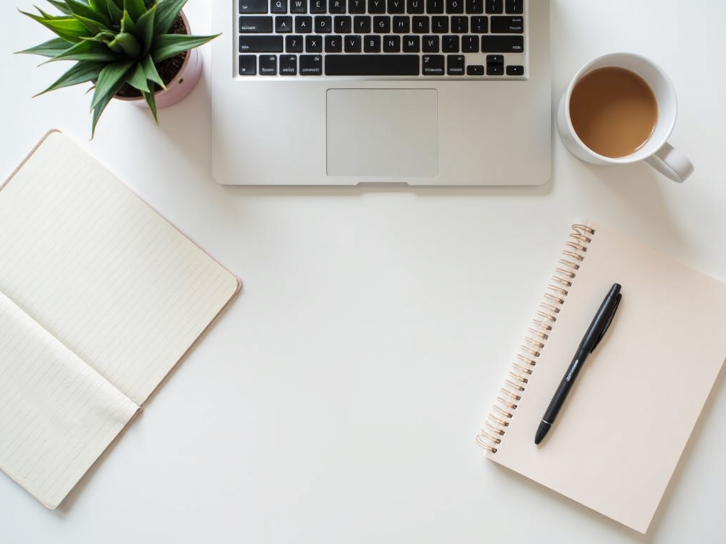 Ein minimalistischer Bürotisch mit einem Laptop, einem Notizbuch und einer Tasse Kaffee.