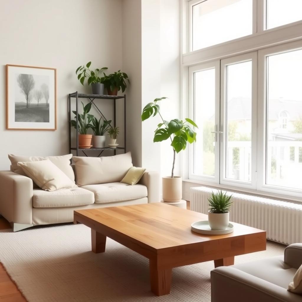 Gemütliches Wohnzimmer mit nachhaltigen Materialien wie einem FSC-zertifizierten Holztisch, einem Leinen-Sofa und Pflanzen auf einem recycelten Metallregal.