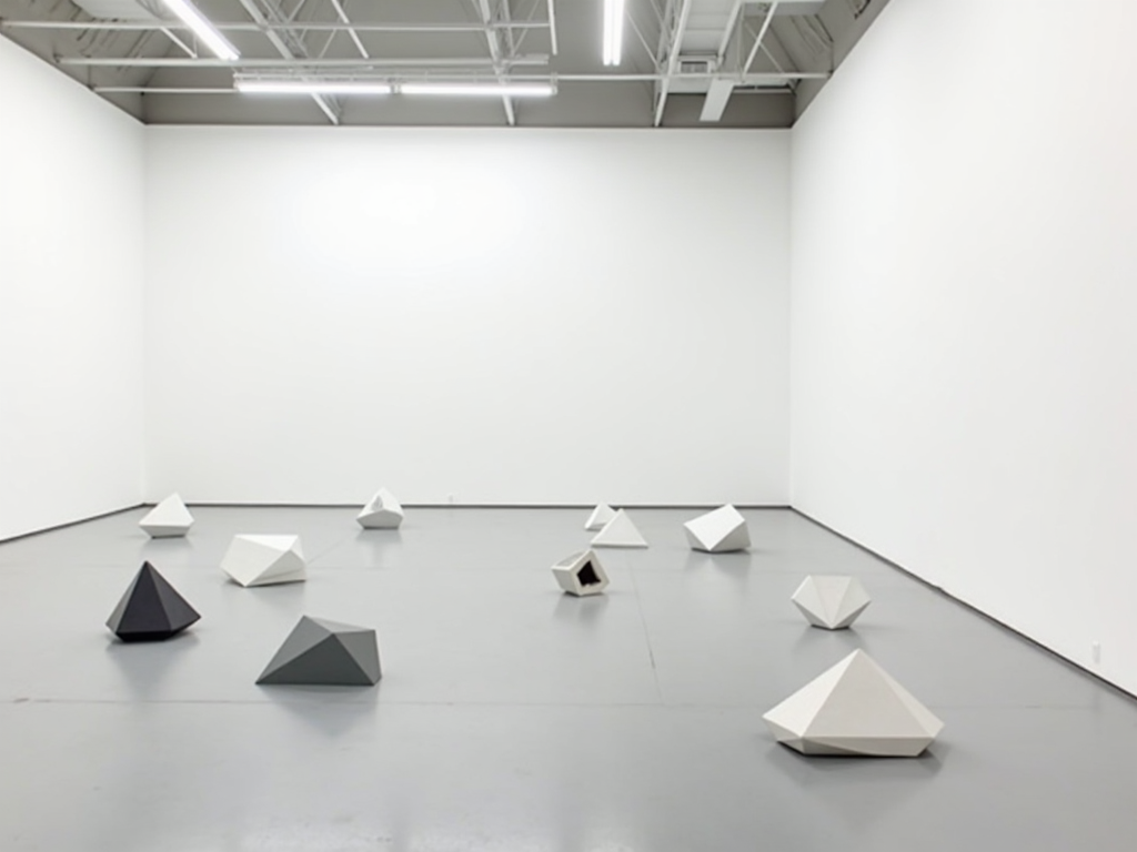 Minimalistische Kunstgalerie mit weißen Wänden und einfachen geometrischen Skulpturen auf dem Boden und an den Wänden.