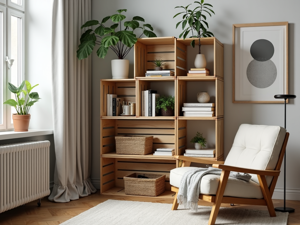 Ein Regalsystem aus Holzkisten – praktisch und minimalistisch.