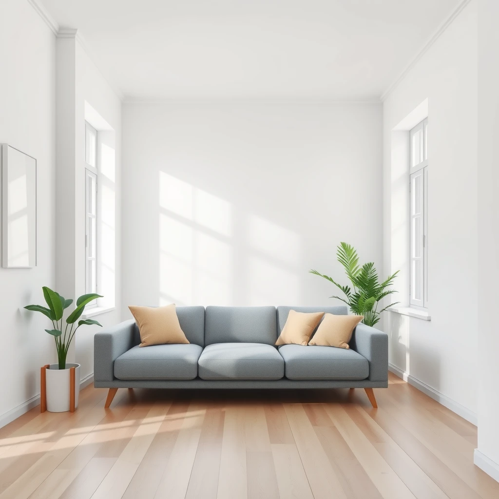 Ein minimalistisches Wohnzimmer mit weißen Wänden, hellem Holzboden, einfachem Sofa und Pflanzen im natürlichen Licht