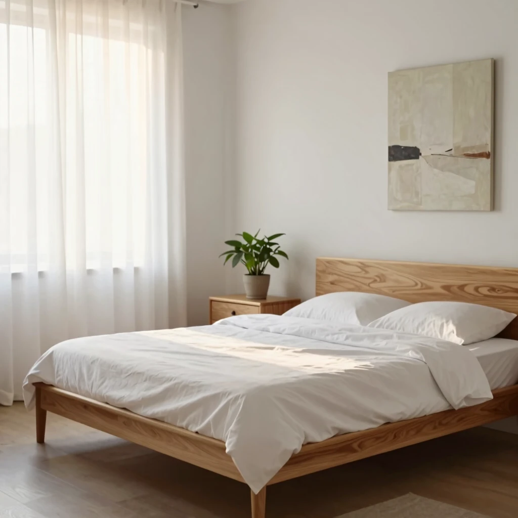 Ruhiges, minimalistisches Schlafzimmer bei Sonnenaufgang ohne Unordnung