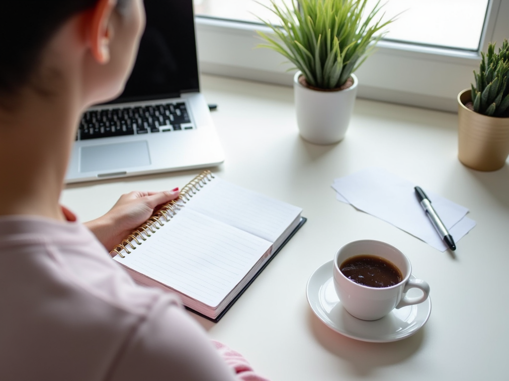 Eine Person sitzt an einem sauberen, aufgeräumten Schreibtisch mit einem Laptop, einem Notizbuch und einer Tasse Kaffee.