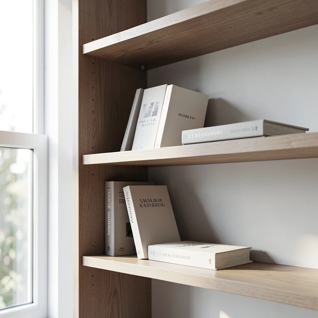 Minimalistisches Bücherregal mit ausgewählten Büchern in ruhiger Atmosphäre