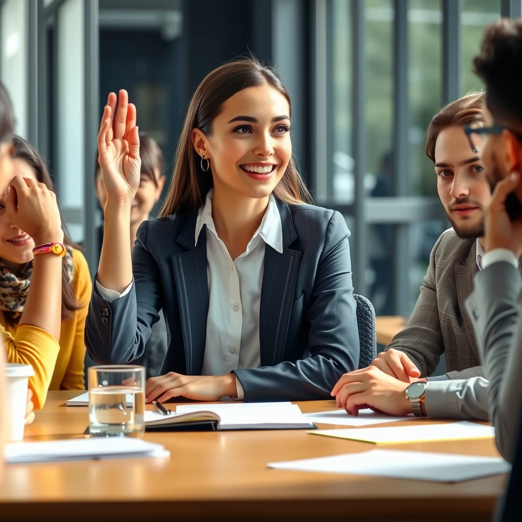 Frau sagt selbstbewusst und höflich Nein in einem Meeting