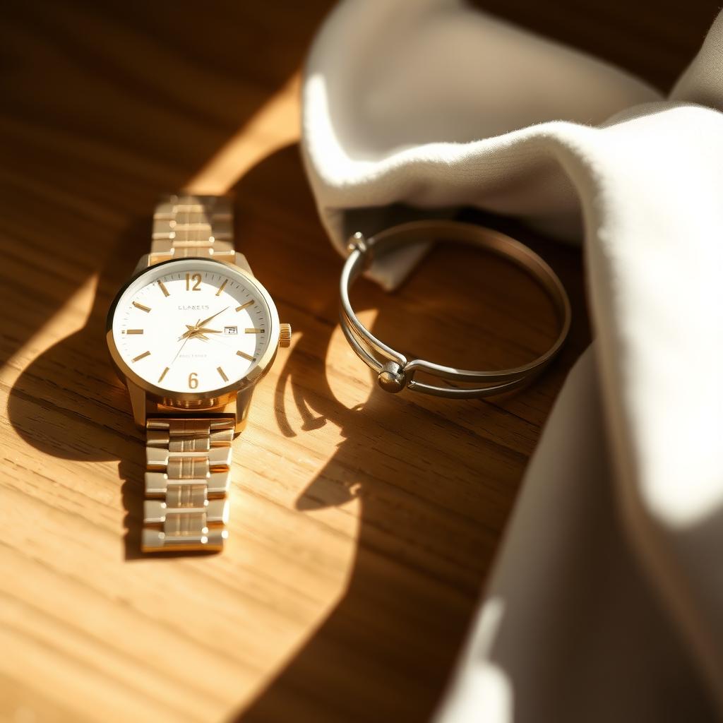 Eine Nahaufnahme einer minimalistischen Accessoire-Sammlung auf einem Holztisch mit einer goldenen Uhr, einem silbernen Armband und einem neutralen Schal, beleuchtet von weichem Sonnenlicht.